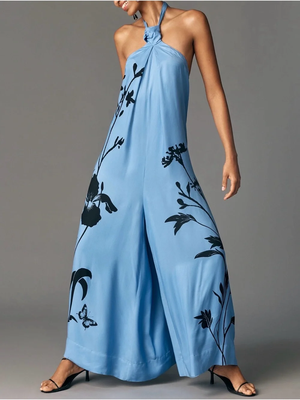Anthropologie Sky Blue Halter Wide-Leg Jumpsuit with Black Floral Motif